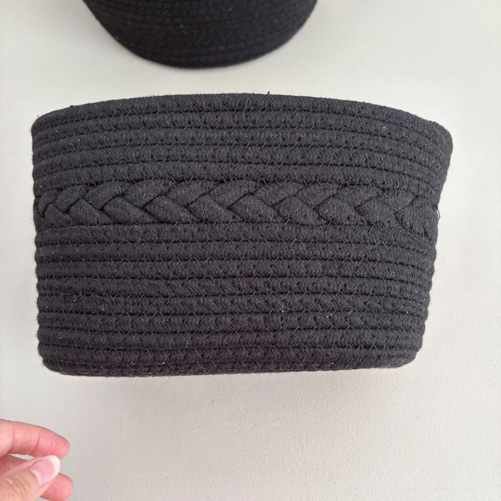 Set of 2 Black Woven Cotton Rope Baskets with Leather Handles Nested Storage